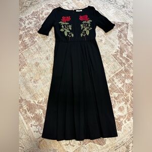 eShakti Black Dress with Red and Green Floral Design